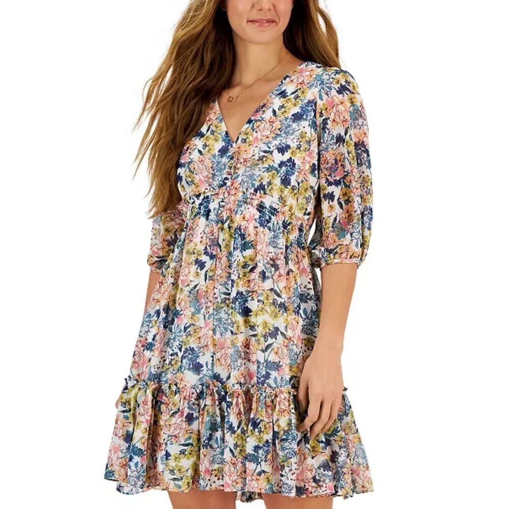Taylor Womens Floral Vneck Ruched Ruffle Tiered Dress Sz 10 Boho Cottage Dainty